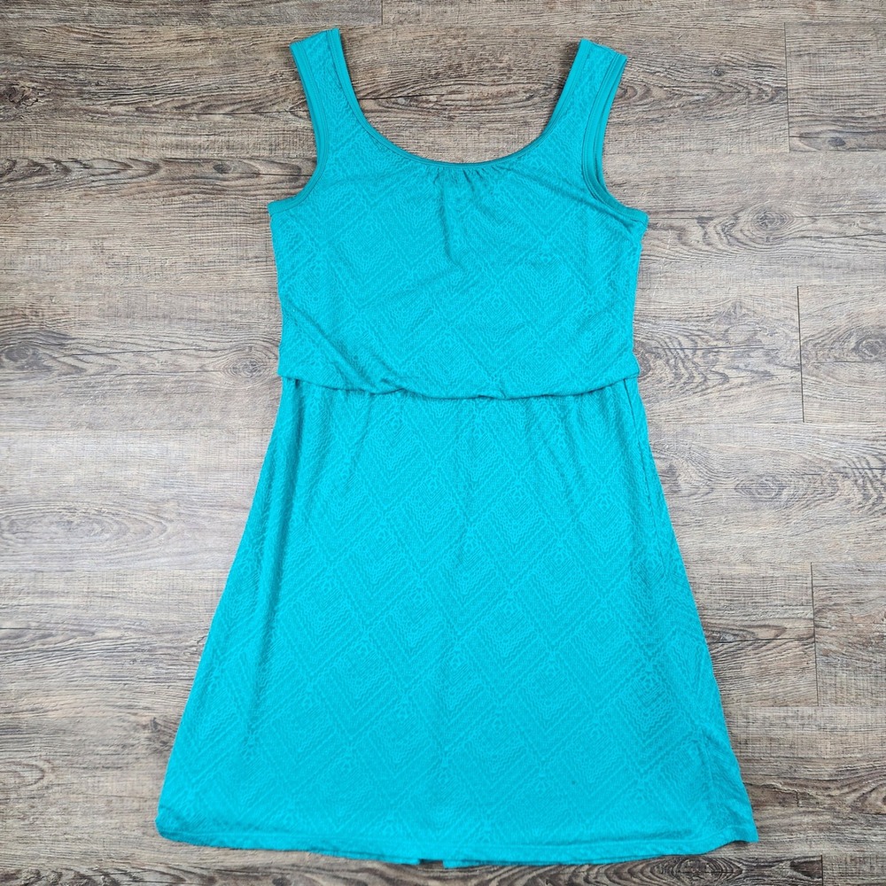 Prana Mika Dress Teal Blue Geometric Diamond Burnout Blouson Waist Small